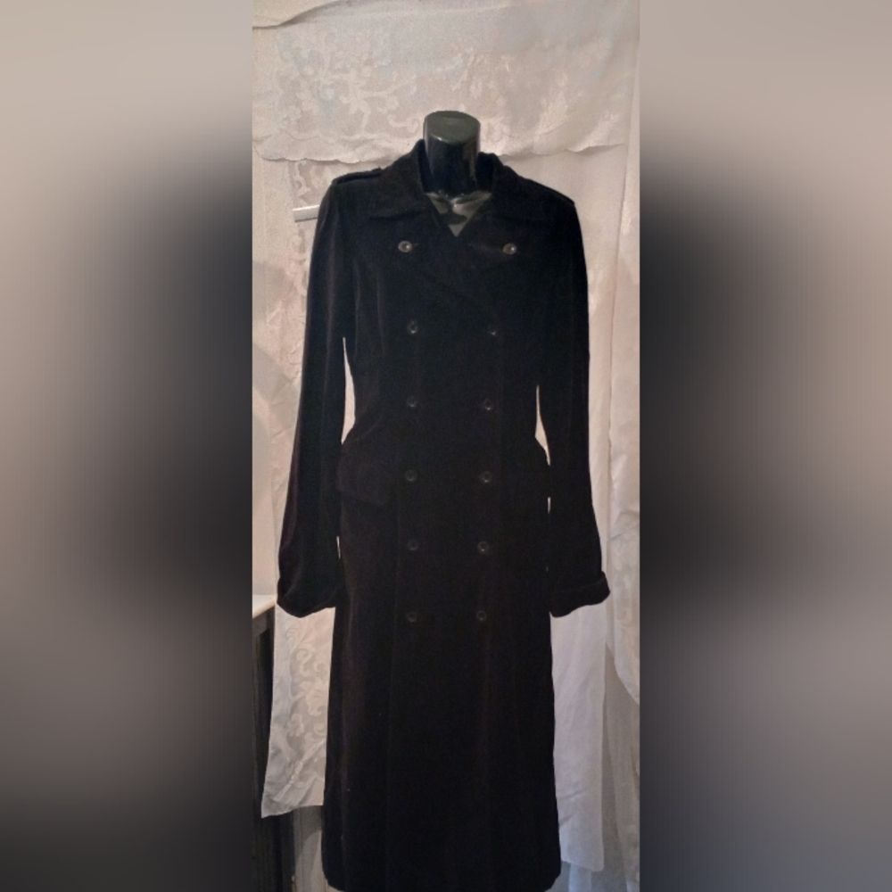 DKNY Black Double-Breasted Velvet Trench Coat